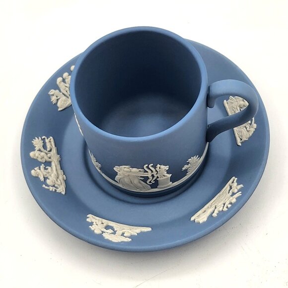 WEDGWOOD Vintage Blue Jasperware Tea Cup and Saucer Neoclassical Demitasse - Picture 4 of 10